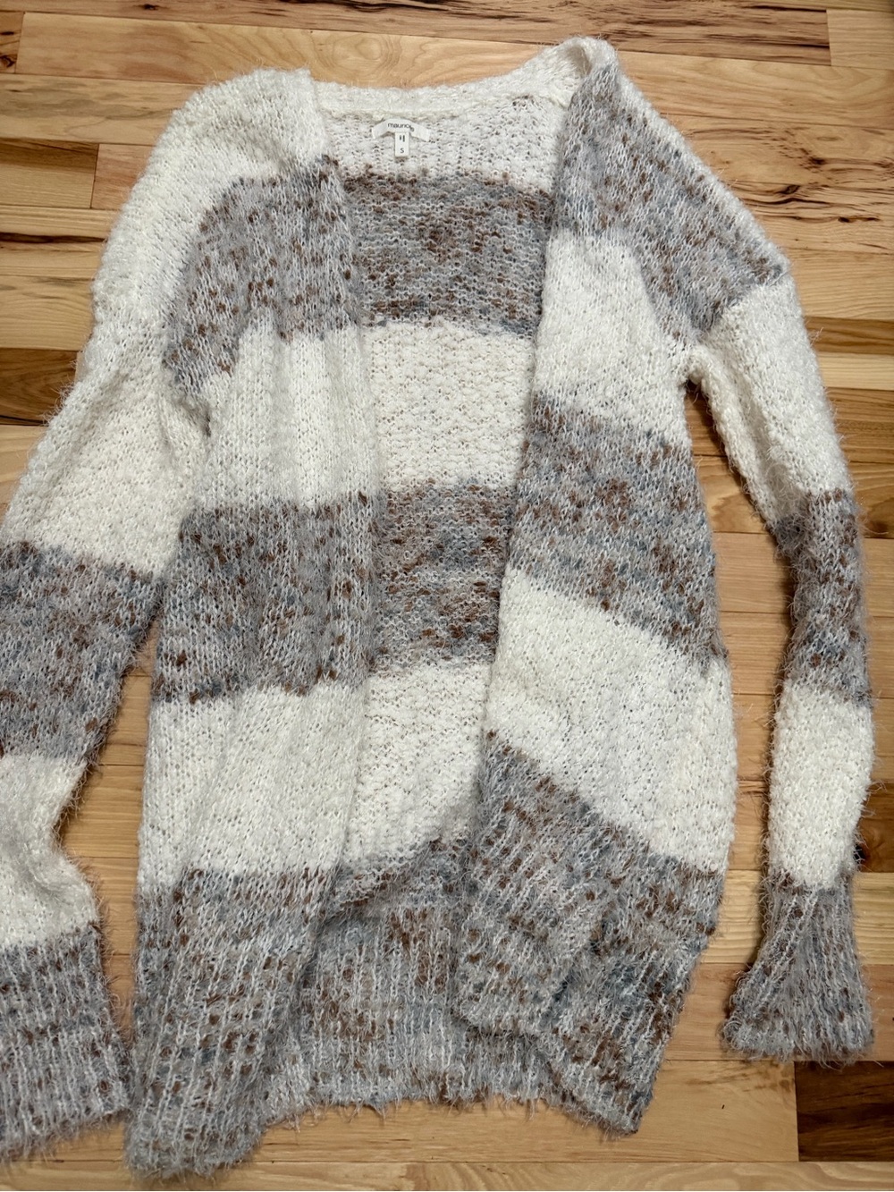 Maurices Cream & Gray Striped Open-Front Cardigan